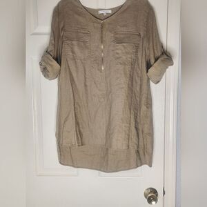 Company Ellen Tracy XXl Tan Roll Tab Oversize 100% LINEN Zipper Women Top Shirt